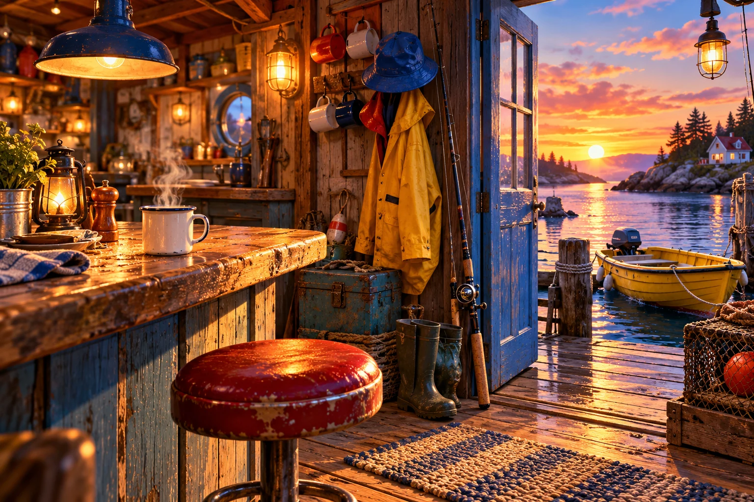 A cosy waterside fishing shack with an empty stool and steaming mug